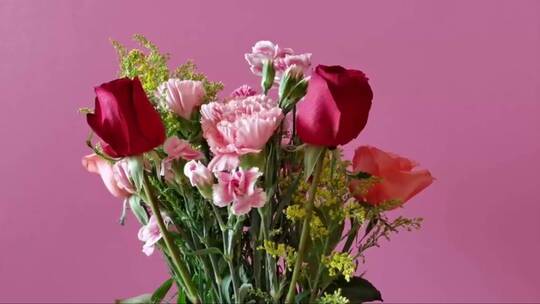玫瑰花和康乃馨在粉色背景上旋转