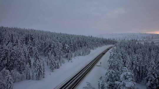 北极芬兰拉普兰冬季仙境森林环绕的路上汽车