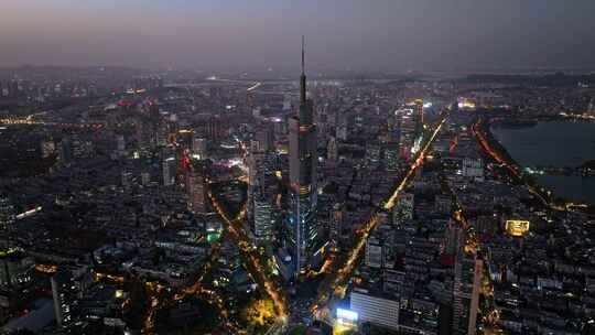 江苏南京CBD紫峰大厦建筑群夜景航拍