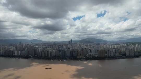 温州瓯江两岸高楼建筑蓝天白云航拍