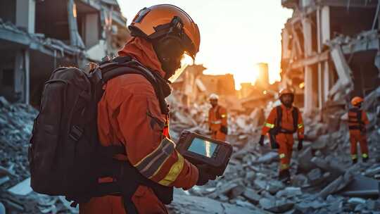 救援人员废墟中使用探测设备