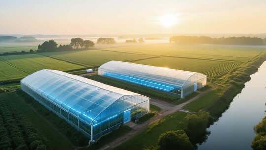 田野间的蔬菜大棚航拍画面