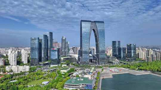 航拍苏州金鸡湖商业高楼大厦