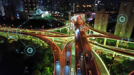 航拍未来智慧城市和高架道路智慧交通夜景