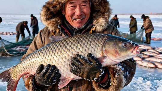 查干湖冬季捕捞头鱼湖面捕捞