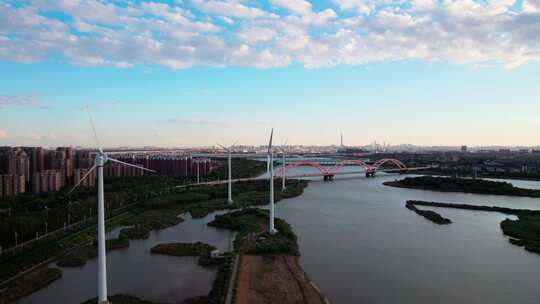 天津滨海生态城永定新河彩虹大桥城市风光