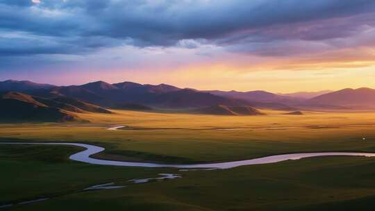 壮丽河流山谷日出和瀑布飞溅美景