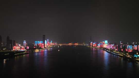 武汉长江夜景航拍长江两岸夜景江滨城市风光