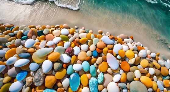 彩色海滩  彩色的石头 蓝色的大海 海面