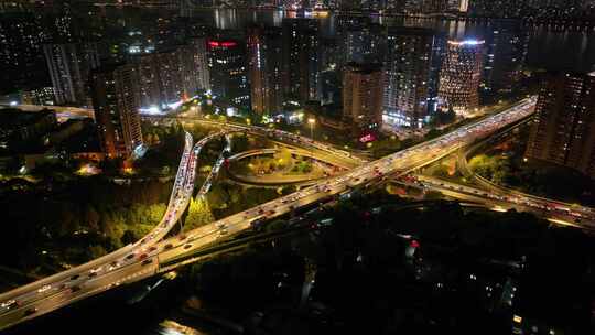 杭州钱塘江复兴立交桥夜晚夜景航拍复兴大桥