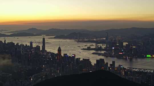 香港维多利亚港日落航拍大景