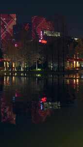 佛山千灯湖公园落羽杉红叶与城市高楼夜景