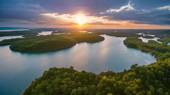 航拍湖泊森林日落全景