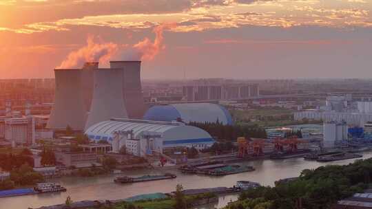 航拍火力发电场能源夕阳晚霞丁达尔光效