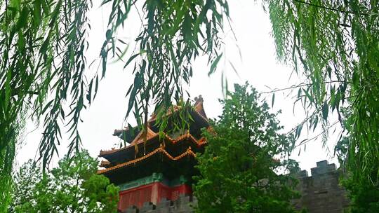 北京夏季下雨中雨水冲刷的故宫皇城角楼红墙