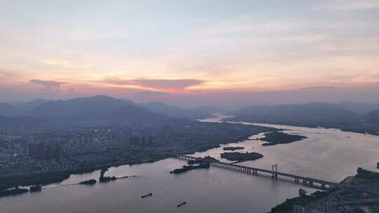 航拍福州城市晚霞落日美景