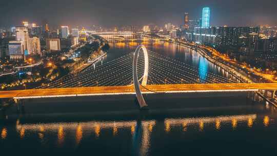 广西柳州白沙大桥夜景航拍延时摄影