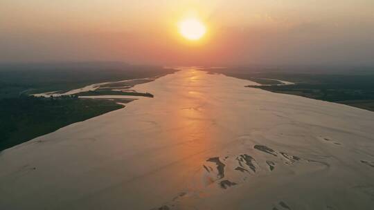 航拍黄河自然风光黄河日出夕阳视频素材模板下载