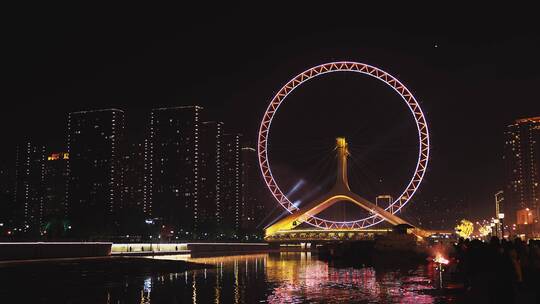 天津之眼夜景烟花著名旅游景点摩天轮永乐桥