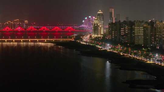 江西南昌红谷滩区赣江夜晚夜景高楼大厦航拍