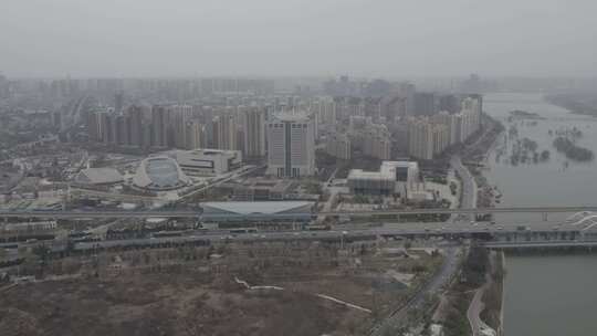 西安空镜航拍大景灰片古城城墙都市城市风景