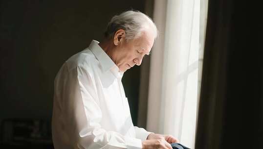 窗边老人整理衣物画面