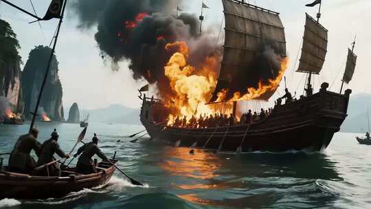 海上燃烧的帆船战斗场景