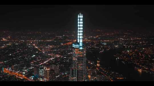 城市航拍越南也转日摩天大楼夜景灯光海边