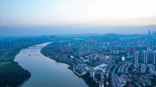 南宁邕江与城市建筑景观夕阳落日航拍风光视频素材模板下载