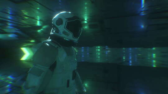 宇航员走在霓虹灯发光的未来隧道背景下