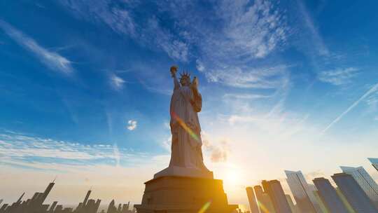 夕阳下美国纽约自由女神像雕塑像
