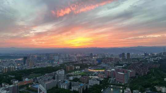 航拍宜昌城市晚霞风景