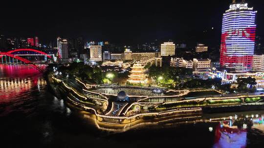 四川宜宾合江楼长江之珠夜景灯光航拍