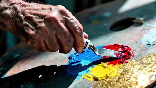 老美术家在调色板上混合颜料调色画面