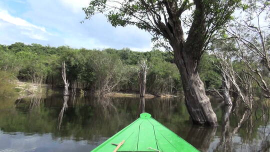 驾驶小船行驶在亚马逊河的pov拍摄