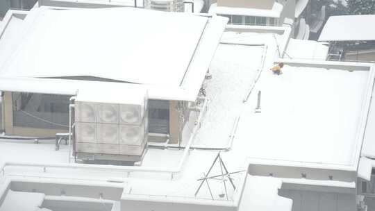 城市冬天雪地里堆雪人玩耍的儿童