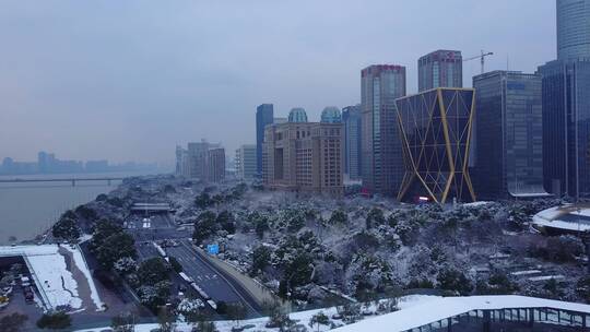 钱江新城 钱塘江 航拍 雪景 杭州 3