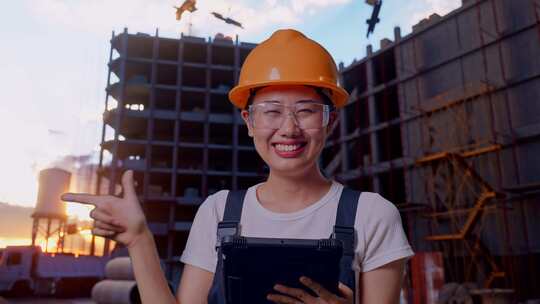 亚洲女工在建筑工地使用平板电脑并指向侧面