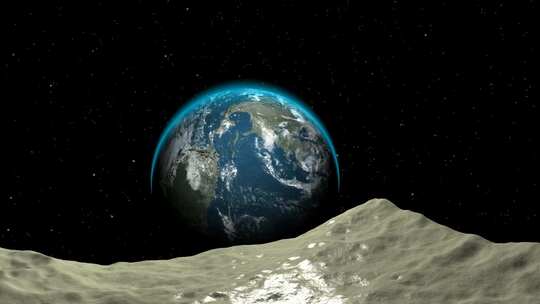 在旋转的月球表面移动，可以看到地球、空间