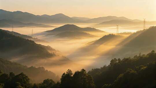 清晨山谷云雾阳光穿透唯美自然风景