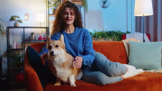 女人爱抚可爱的宠物柯基犬在家公寓客厅舒适视频素材模板下载