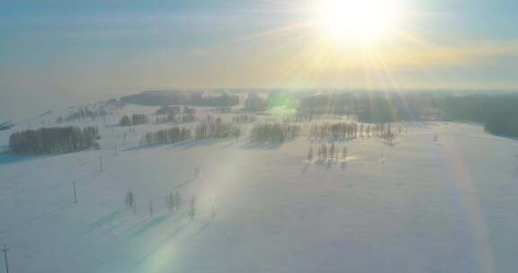 寒冷冬季景观的鸟瞰图北极田野树木覆盖着霜