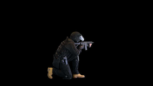 反恐部队从坐姿射击，阿尔法通道视频素材模板下载