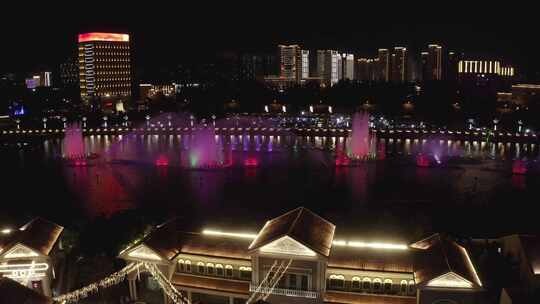 航拍内蒙古呼和浩特东河音乐喷泉夜景