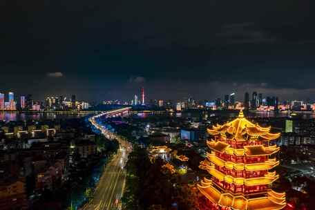 武汉黄鹤楼夜景延时航拍