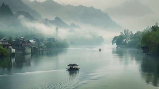 中国风 河面泛舟