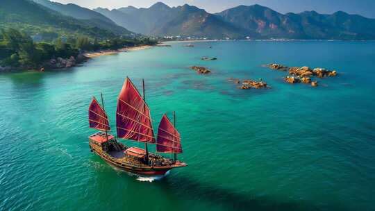 乘风破浪扬帆起航海鸥帆船航行海浪