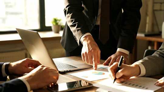 商业团队讨论数据分析办公场景视频