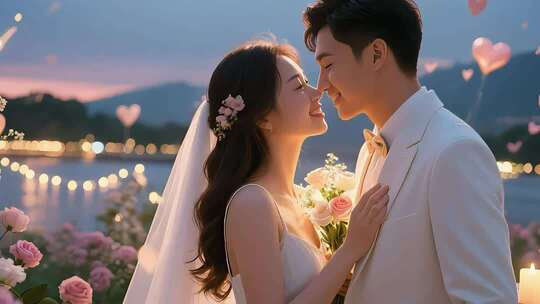 浪漫海边婚纱照夕阳下的甜蜜情侣