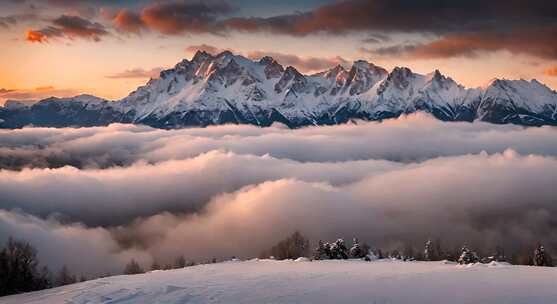 雪山云雾森林阳光树林远山峰大自然生态风景